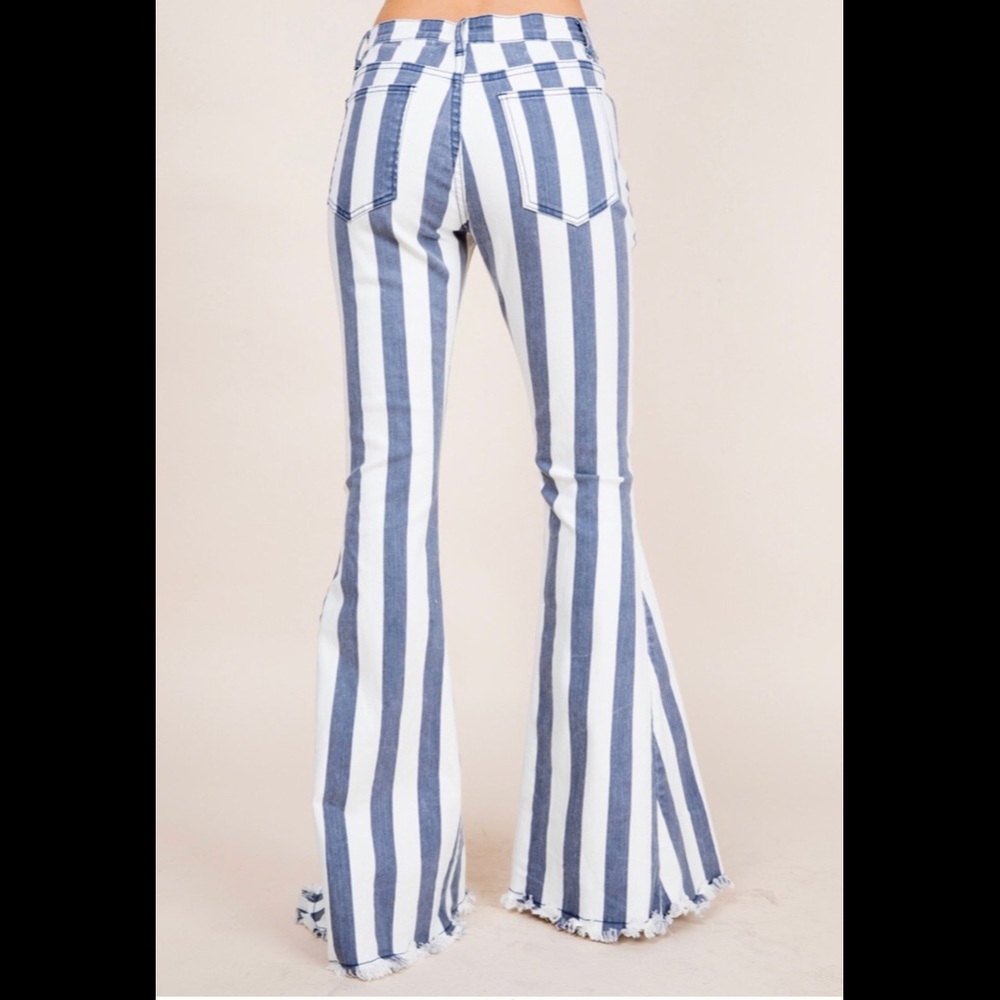Striped Fringe Bell Bottom Jeans - Picture 7 of 9